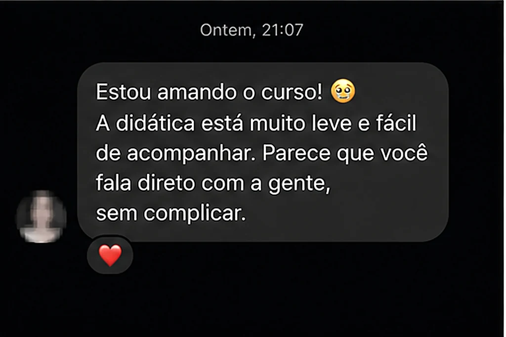 Print de conversa real no WhatsApp: aluna elogiando a didática do curso