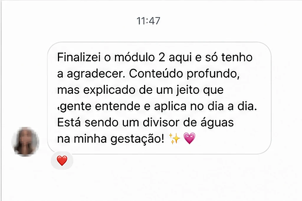 Print de conversa real no WhatsApp: aluna finalizando o módulo 2 do curso